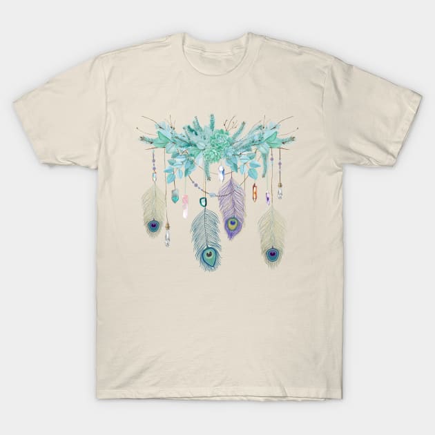 Peacock Feather And Crystal Spirit Gazer T-Shirt by LittleBunnySunshine